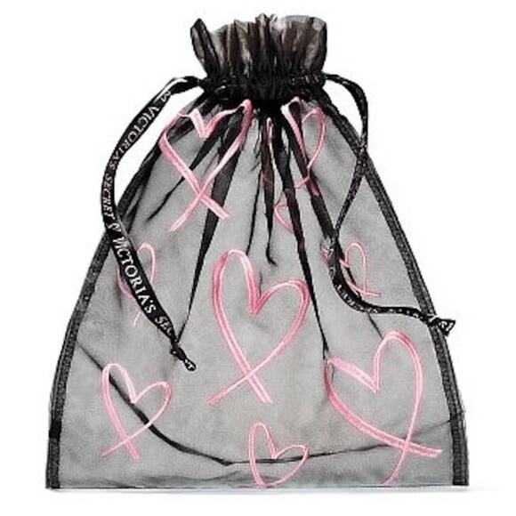 VICTORIAS SECRET Lingerie Sheer Black Pink Heart Drawstring Bag Pouch X2 NEW - Picture 1 of 9